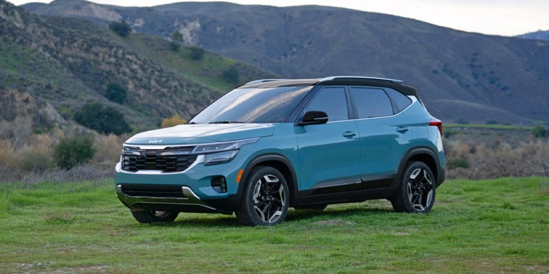 Blue Kia Seltos on Green Grass with Mountains in the Background