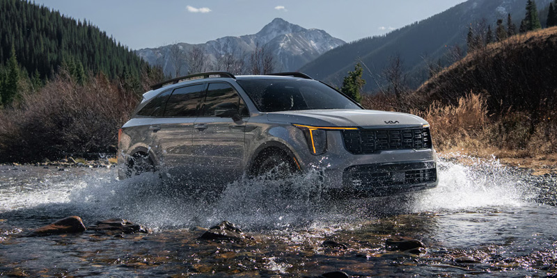 Kia SUV parked outdoors with a scenic mountain backdrop and greenery overhead